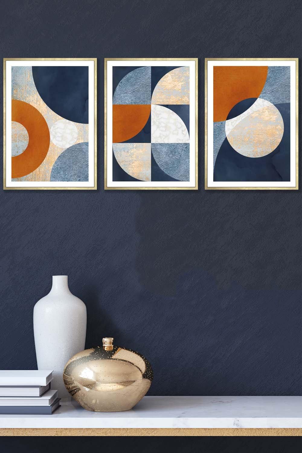 Geometric Abstract Textured Circles in Navy Blue Orange Gold Framed Wall Art - Medium